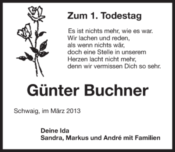 Traueranzeige von Günter Buchner von Pegnitz-Zeitung